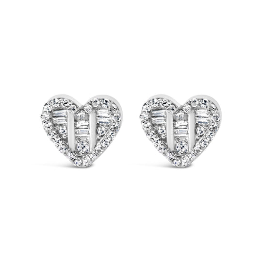 .925 Sterling Silver 1/2 Cttw Round and Baguette Diamond Composite Heart Shaped Stud Earring (I-J Color, SI2-I1 Clarity)-0