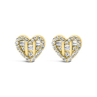 .925 Sterling Silver 1/2 Cttw Round and Baguette Diamond Composite Heart Shaped Stud Earring (I-J Color, SI2-I1 Clarity)