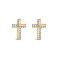 14K yellow gold cross stud earrings with pave-set round diamond stones