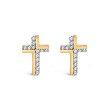 14K yellow gold cross stud earrings with pave-set round diamond stones thumbnail 1
