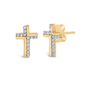 14K Yellow Gold Plated .925 Sterling Silver 1/10 Cttw Diamond Cross Stud Earring (I-J Color, I3 Clarity)-1