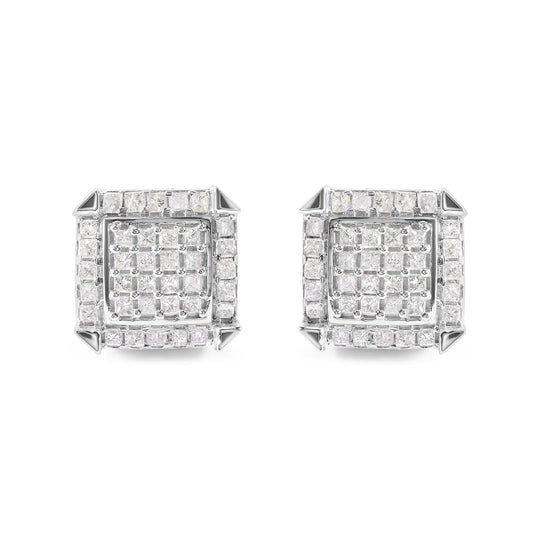 10K white gold stud earrings with princess diamond composite and halo stones