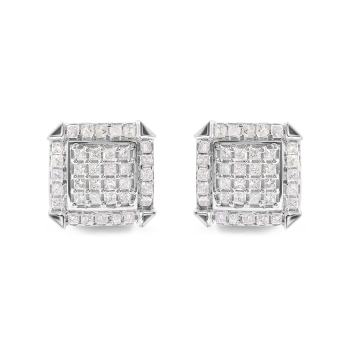 10K White Gold 1 1/10 Cttw Princess Diamond Composite and Halo Stud Earrings (I-J Color, I1-I2 Clarity)