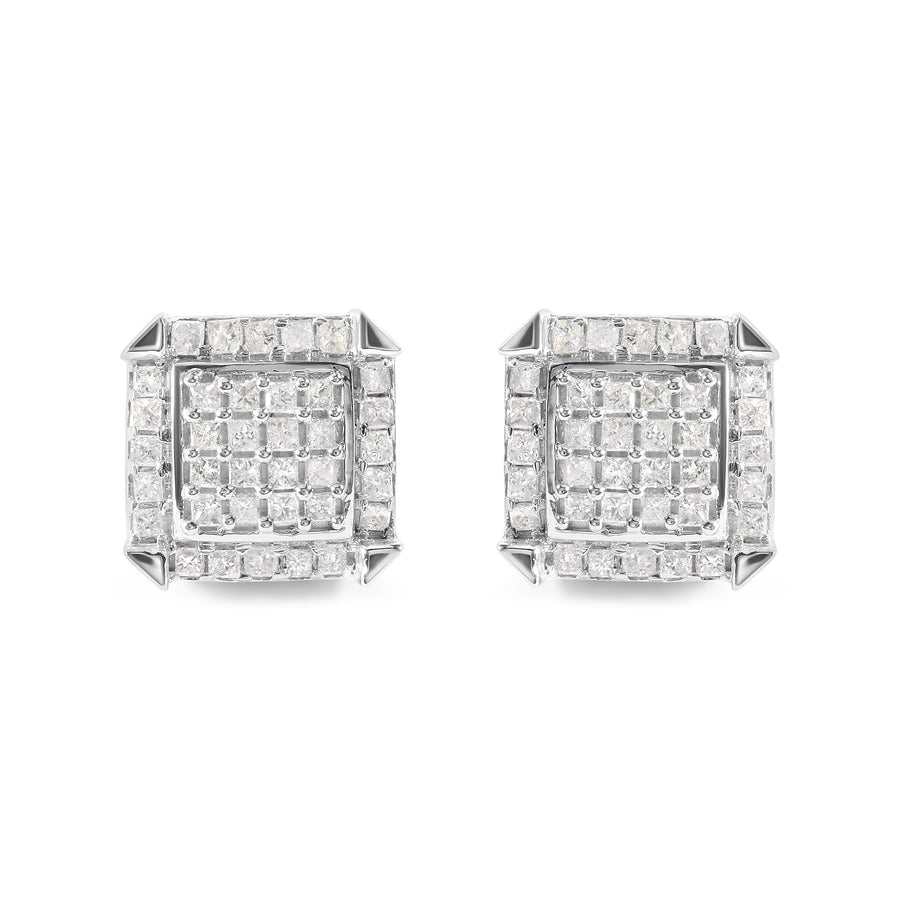 10K White Gold 1 1/10 Cttw Princess Diamond Composite and Halo Stud Earrings (I-J Color, I1-I2 Clarity)