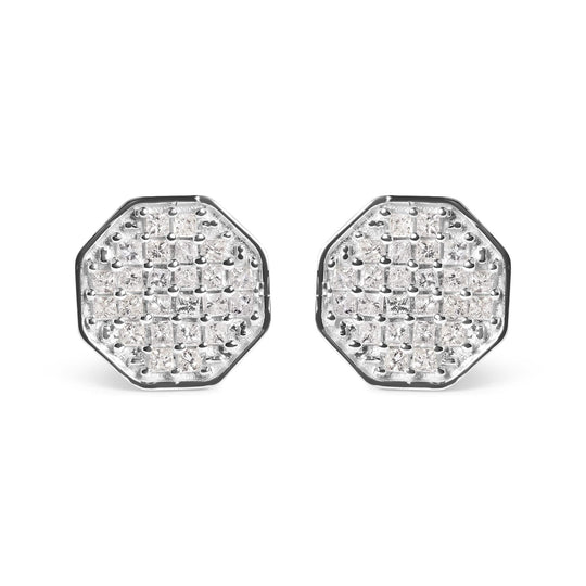 10K white gold stud earrings with princess diamond stones in octagon composite