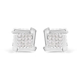 10K white gold stud earrings with princess diamond square and swirl stones thumbnail 1