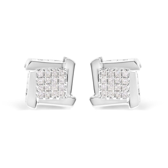10K white gold stud earrings with princess diamond square and swirl stones