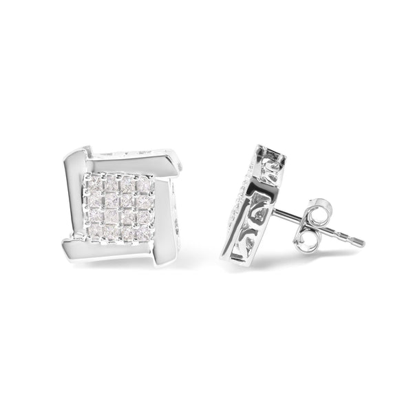10K White Gold 1/2 Cttw Composite  Princess Diamond Square and Swirl Stud Earrings (I-J Color, I1-I2 Clarity)