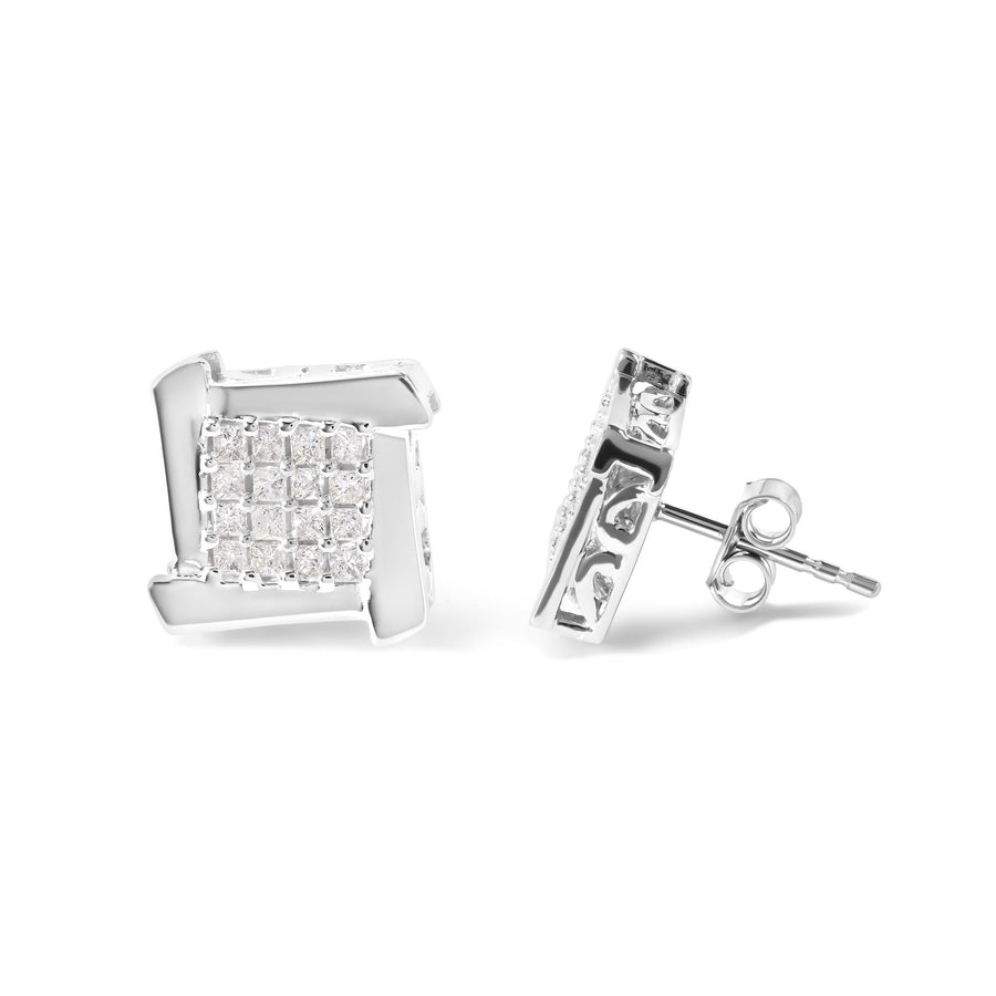 10K White Gold 1/2 Cttw Composite  Princess Diamond Square and Swirl Stud Earrings (I-J Color, I1-I2 Clarity)