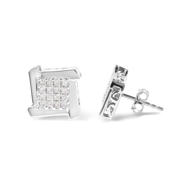 10K White Gold 1/2 Cttw Composite  Princess Diamond Square and Swirl Stud Earrings (I-J Color, I1-I2 Clarity)