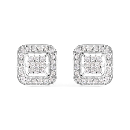 10K white gold stud earrings with square composite diamond stones
