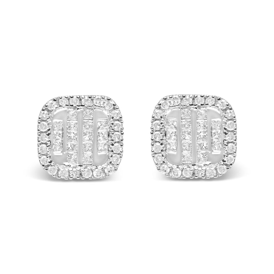 10K White Gold 7/8 Cttw Diamond Princess Composite and Halo Stud Earrings (I-J Color, I1-I2 Clarity)