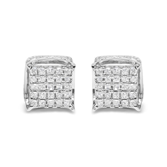 10K white gold stud earrings with princess-cut diamond stones in square clusters