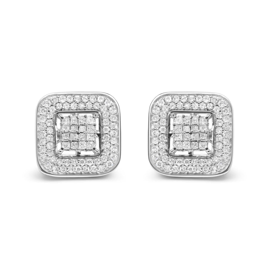 10K White Gold 1.0 Cttw Round and Princess Cut Diamond Composite Open Halo Stud Earrings (H-I Color, SI1-SI2 Clarity)
