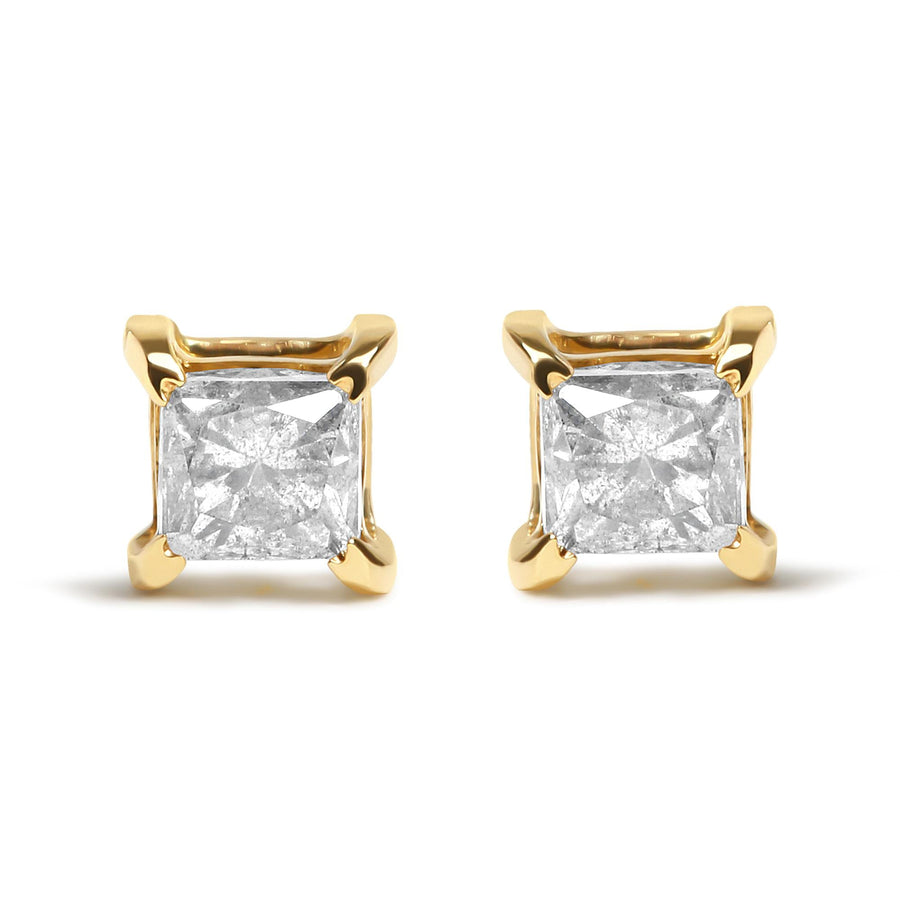 10K Yellow Gold 3/4 Cttw Princess-Cut Square Near Colorless Diamond Classic 4-Prong Solitaire Stud Earrings (J-K Color, I2-I3 Clarity)