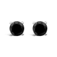 14K White Gold Round Brilliant-Cut Black Diamond Classic 4-Prong Stud Earrings with Screw Backs (Fancy Color-Enhanced, I2-I3 Clarity)