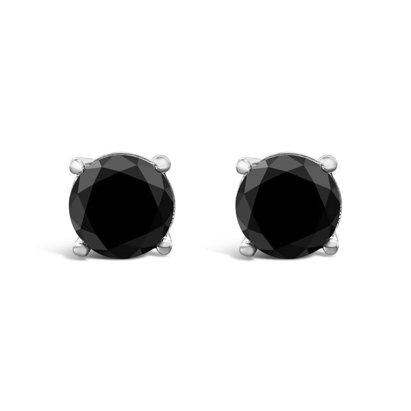 14K White Gold Round Brilliant-Cut Black Diamond Classic 4-Prong Stud Earrings with Screw Backs (Fancy Color-Enhanced, I2-I3 Clarity)