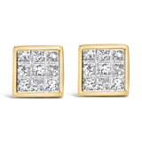 14K yellow gold stud earrings with princess-cut diamond composite face thumbnail 1