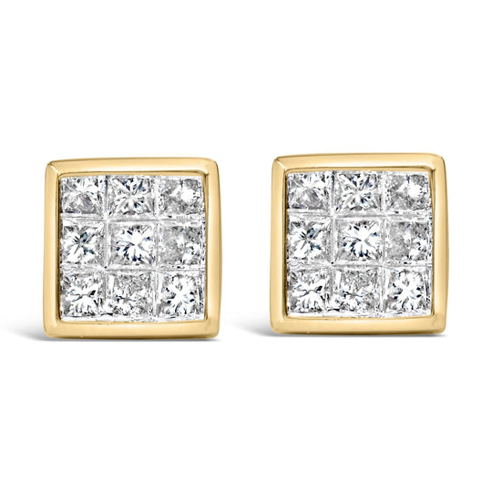 14K yellow gold stud earrings with princess-cut diamond composite face
