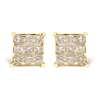 14K Yellow Gold 1 1/2 Cttw Invisible Set Princess-Cut Diamond 9 Stone Square Stud Earrings (J-K Color, SI2-I1 Clarity)