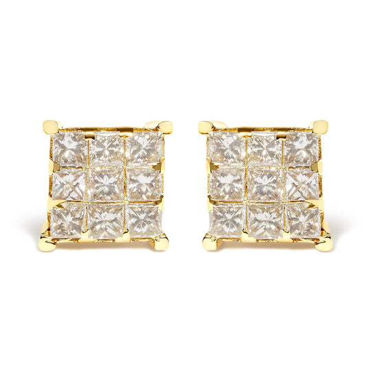 14K Yellow Gold 1 1/2 Cttw Invisible Set Princess-Cut Diamond 9 Stone Square Stud Earrings (J-K Color, SI2-I1 Clarity)-0