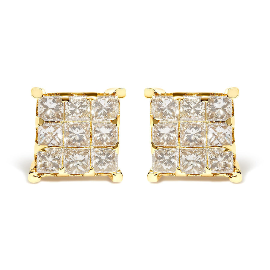 14K Yellow Gold 1 1/2 Cttw Invisible Set Princess-Cut Diamond 9 Stone Square Stud Earrings (J-K Color, SI2-I1 Clarity)