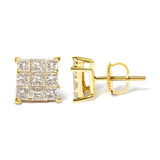 14K Yellow Gold 1 1/2 Cttw Invisible Set Princess-Cut Diamond 9 Stone Square Stud Earrings (J-K Color, SI2-I1 Clarity)-3 thumbnail 4