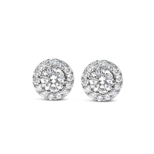 14K white gold earrings with 2 round diamond stones in hidden halo setting