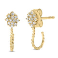 14K yellow gold hoop stud earrings with round diamond floral cluster stones