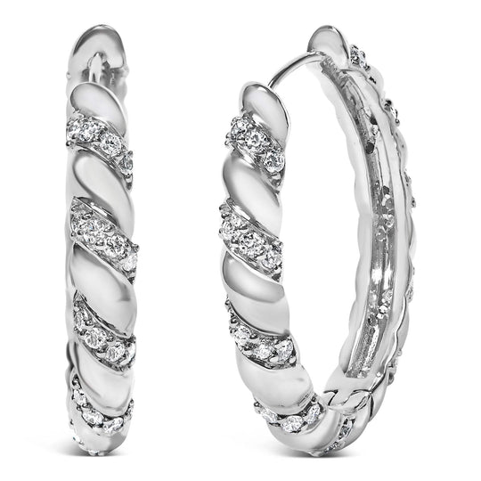 14K white gold hoop earrings with swirl-set round diamond stones