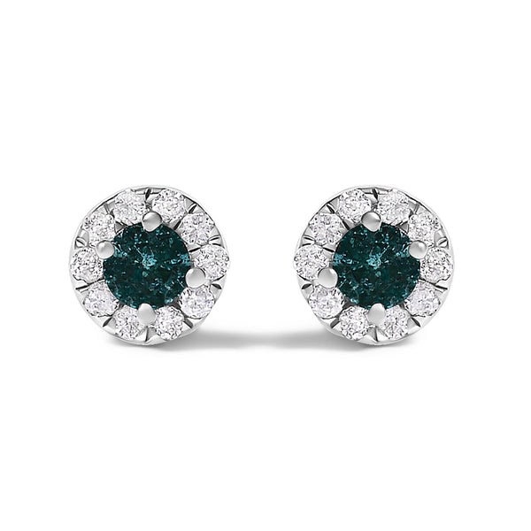 .925 Sterling Silver 1/3 Cttw White and Blue Diamond Halo Stud Earring