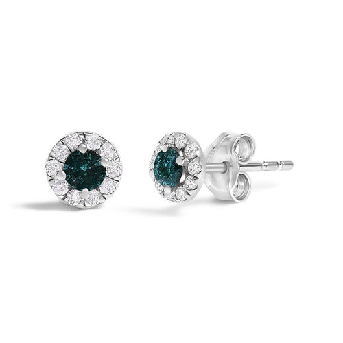.925 Sterling Silver 1/3 Cttw White and Blue Diamond Halo Stud Earring