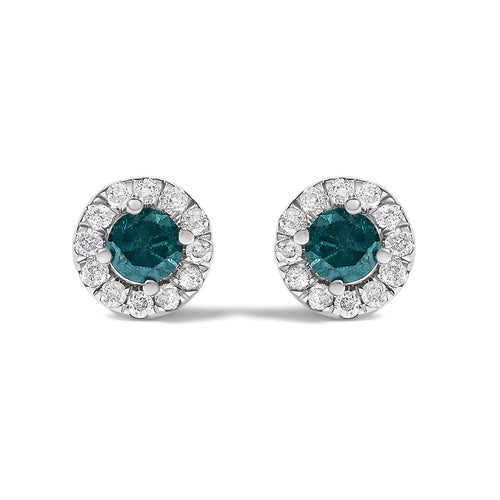 .925 Sterling Silver 1/2 Cttw Blue Diamond Halo Stud Earring