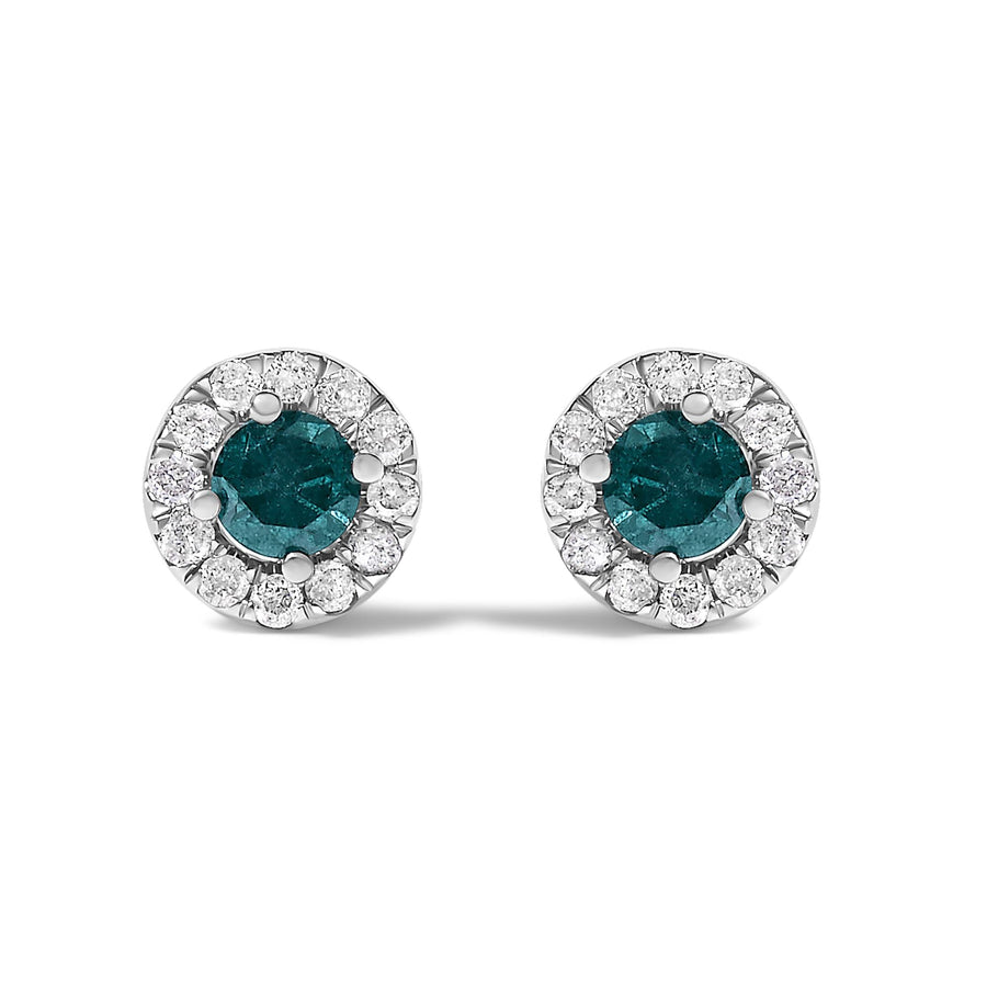 .925 Sterling Silver 1/2 Cttw Blue Diamond Halo Stud Earring