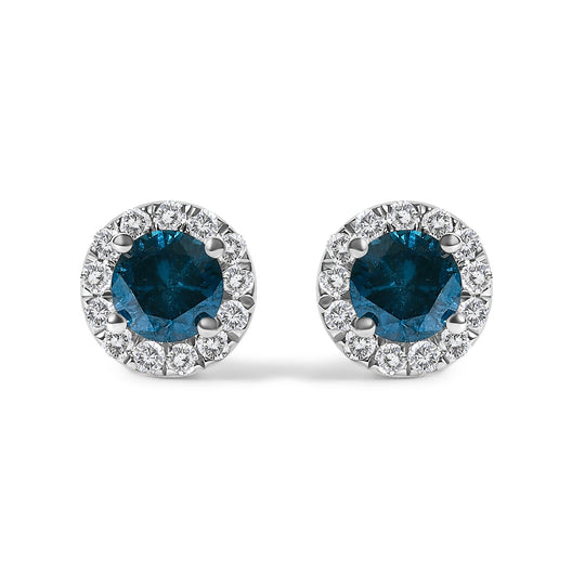 .925 Sterling Silver 1.00 Cttw Blue Diamond Halo Stud Earring-0
