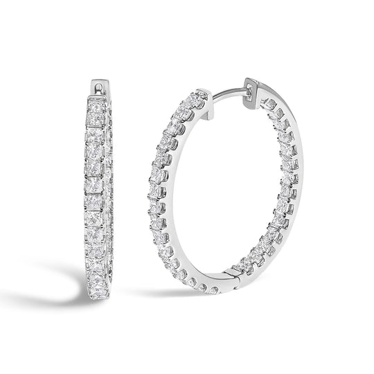 14K White Gold 3.00 Cttw Princess Diamond Inside Out Elongated Hoop Earrings-0