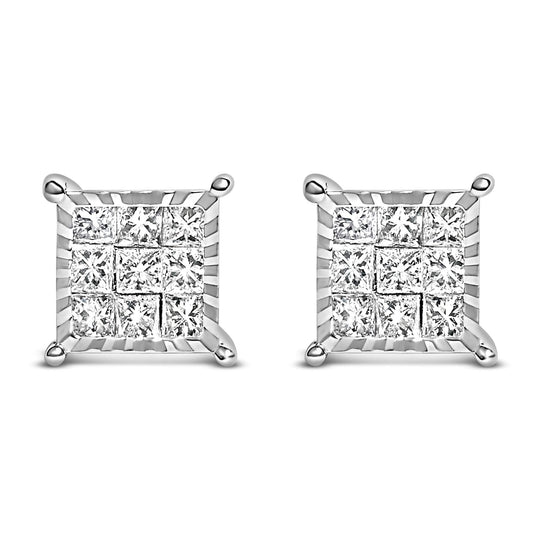 925 sterling silver stud earrings with princess-cut diamond composite squares