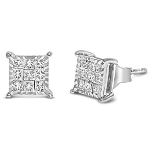 Sterling Silver 1/2 Cttw Princess Diamond Composite Square Stud Earrings-1