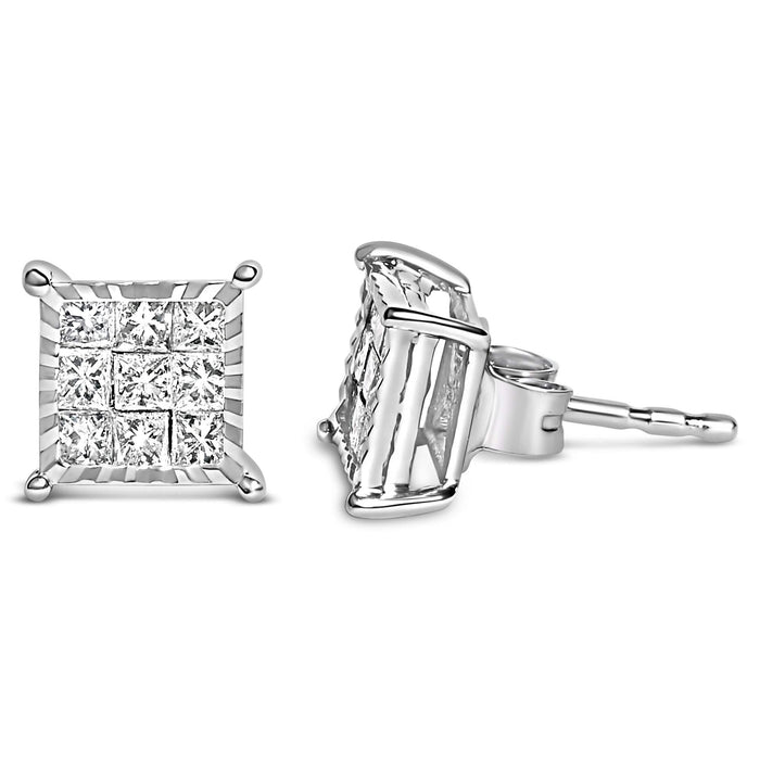 Sterling Silver 1/2 Cttw Princess Diamond Composite Square Stud Earrings