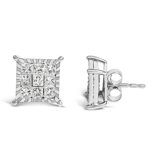 Sterling Silver 1.0 Cttw Princess Diamond Composite Square Stud Earrings-0
