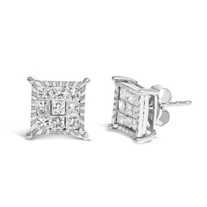 Sterling Silver 1.0 Cttw Princess Diamond Composite Square Stud Earrings-1