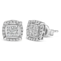 Sterling Silver 1/2 Cttw Princess Cut Diamond Composite and Halo Stud Earrings