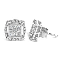 Sterling Silver 1/2 Cttw Princess Cut Diamond Composite and Halo Stud Earrings