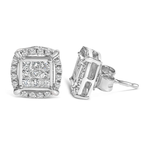 Sterling Silver 1/2 Cttw Princess Cut Diamond Composite and Halo Stud Earrings