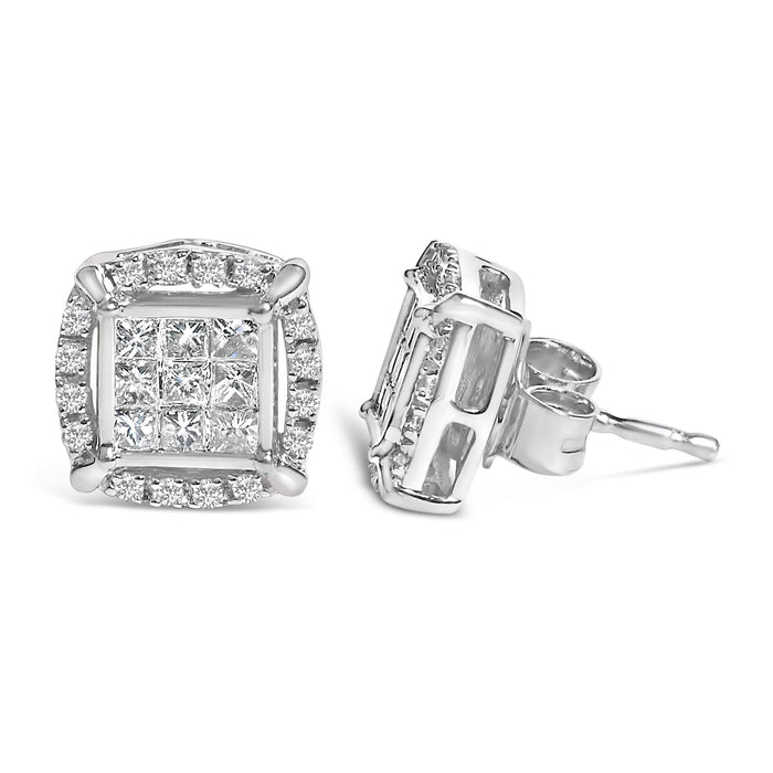 Sterling Silver 1/2 Cttw Princess Cut Diamond Composite and Halo Stud Earrings
