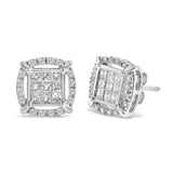 Sterling Silver 1 Cttw Princess Cut Diamond Square Halo Stud Earrings-1 thumbnail 2
