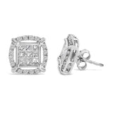 Sterling Silver 1 Cttw Princess Cut Diamond Square Halo Stud Earrings-3 thumbnail 4