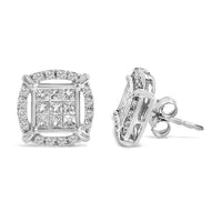 Sterling Silver 1 Cttw Princess Cut Diamond Square Halo Stud Earrings