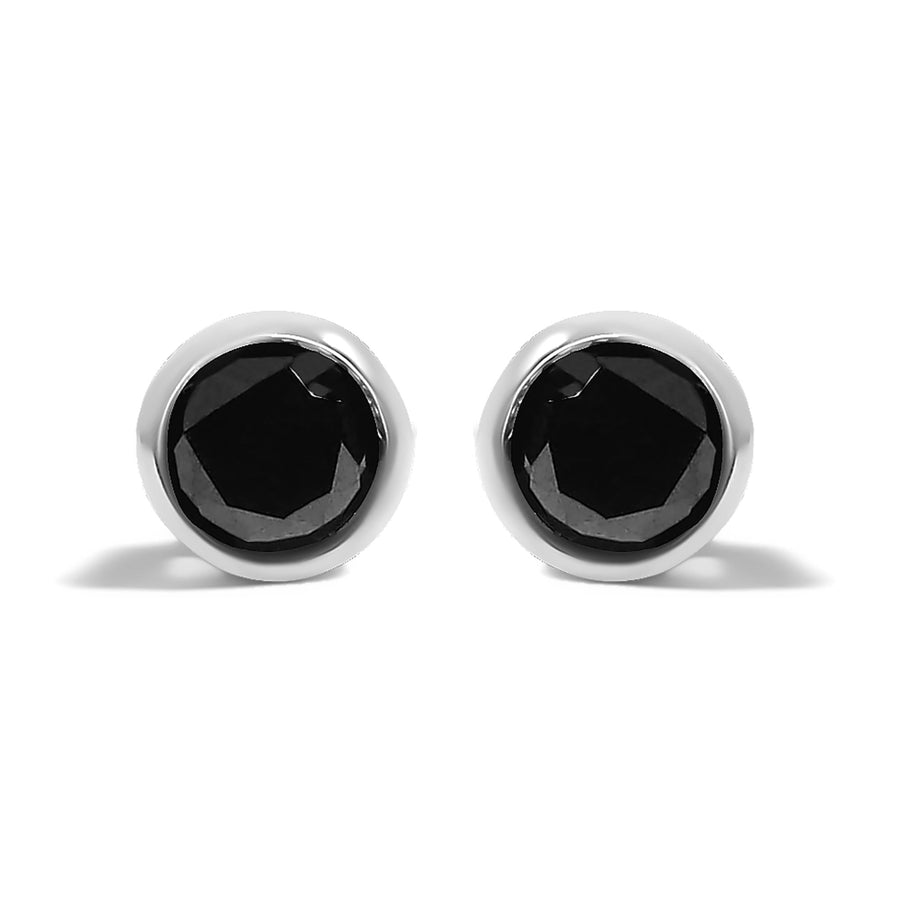 .925 Sterling Silver Round Brilliant-Cut Black Diamond Bezel-Set Stud Earrings with Screw Backs (Fancy Color-Enhanced, I2-I3 Clarity)