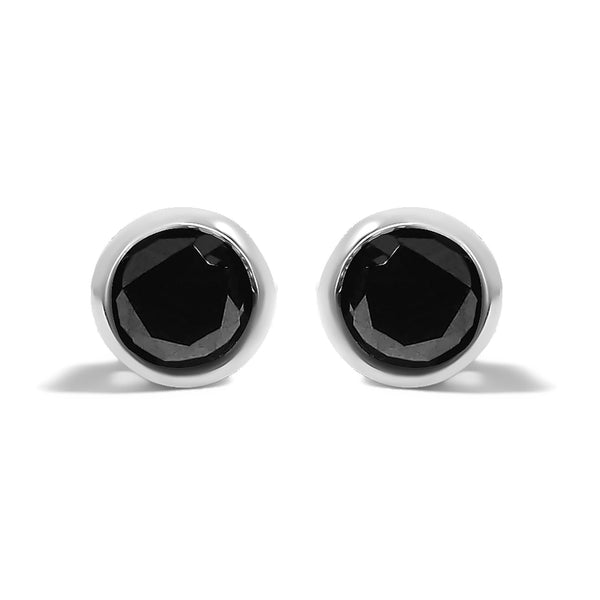 .925 Sterling Silver Round Brilliant-Cut Black Diamond Bezel-Set Stud Earrings with Screw Backs (Fancy Color-Enhanced, I2-I3 Clarity)